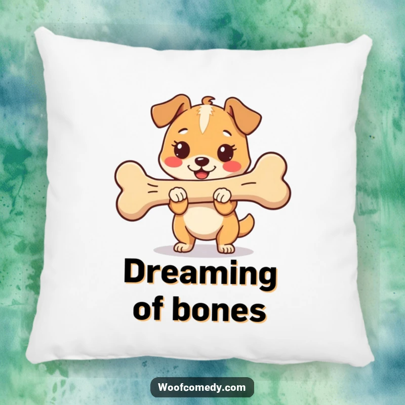 Funny Kawaii Dog Pillow with a proud and happy dog holding an oversized bone, offering soft comfort and canine pride for gifting.