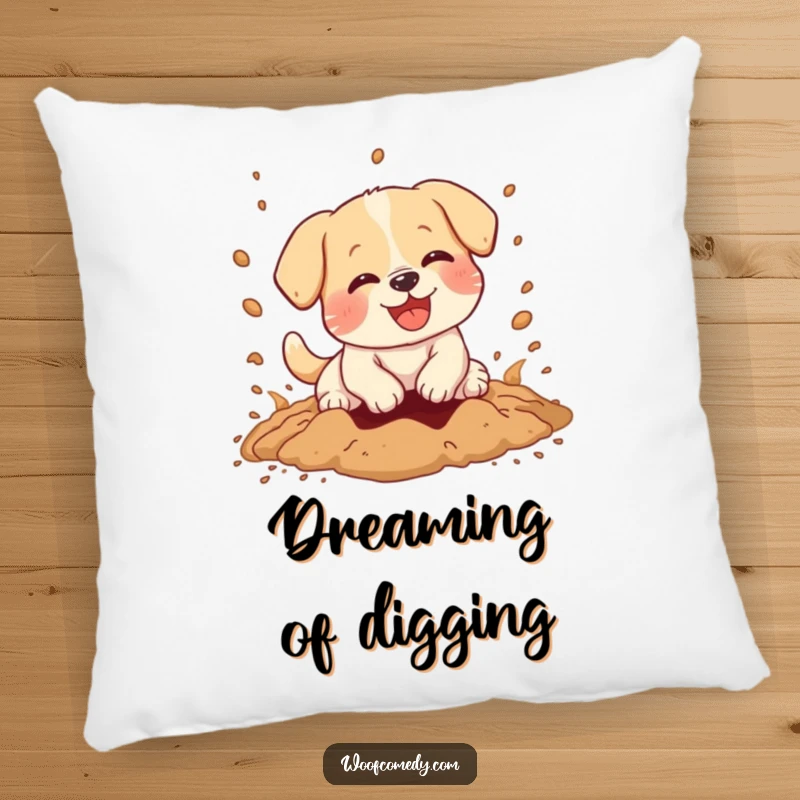 Funny pillow displaying a kawaii dog joyfully digging, dirt exploding outwards, a soft and humorous decorative item.