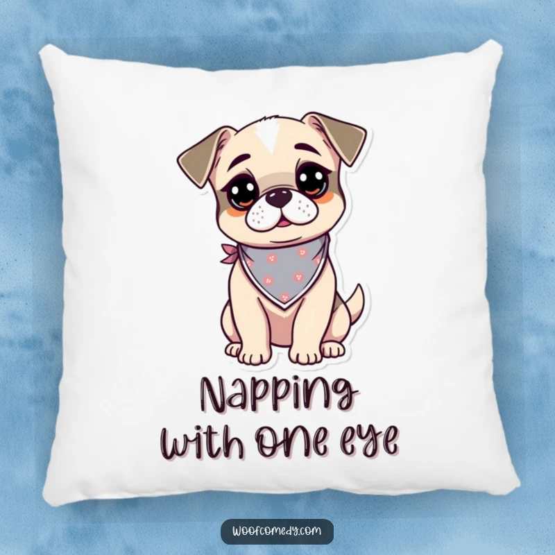 Funny kawaii dog pillow featuring a curious and alert pup wearing a tiny bandana, perfect for comfort and humor.