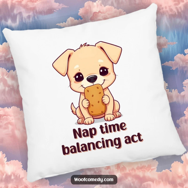 Funny pillow with a small dog concentrating on balancing a treat on its nose, a comfy humorous gift.