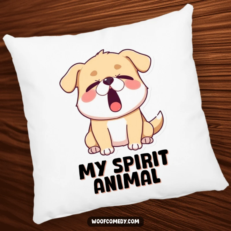 Funny sleepy dog pillow featuring a dog yawning widely with its eyes half-closed, perfect for adding comfort and humorous relatability to any room.