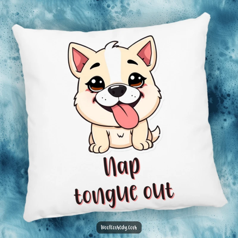 Funny Kawaii dog pillow depicting a cute dog with a goofy expression, panting with its tongue sticking out. Soft, humorous, and comforting.