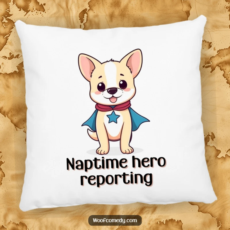 Funny pillow with a proud dog wearing a small superhero cape, offering comfort and a chuckle.