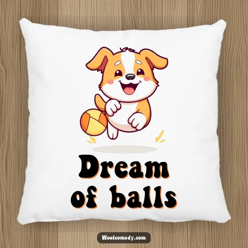 Funny Kawaii dog pillow depicting a cute dog enthusiastically chasing a bouncy ball, wearing a big happy grin. Soft, playful, and comforting.