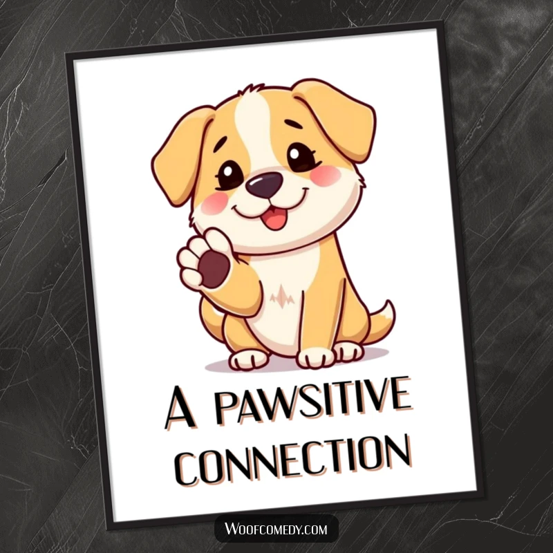 Funny digital art print of a friendly dog offering its paw for a shake, an instant humorous gift.