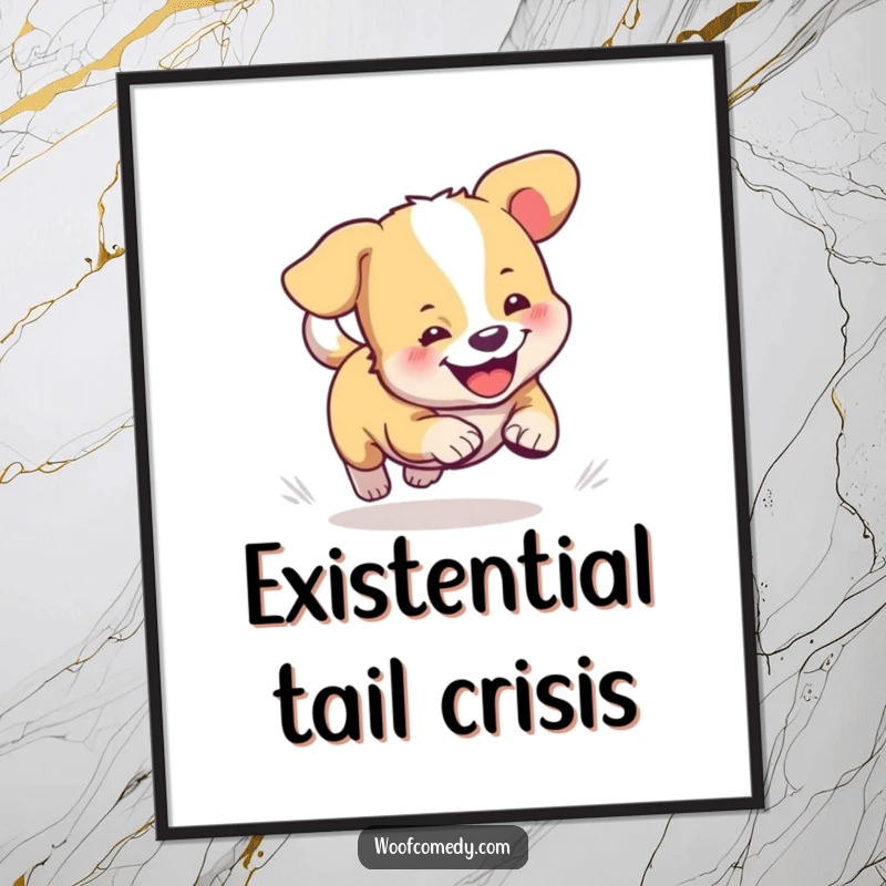 Funny digital art print of a cute dog hilariously spinning in circles while chasing its own tail with pure delight.