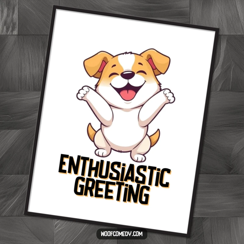 Funny digital art print of a happy dog performing an enthusiastic, playful bow, celebrating a moment of pure joy.