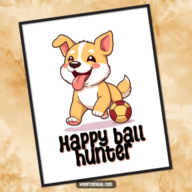 Funny digital art print of an ecstatic dog running with its tongue lolling out, chasing a ball with pure joy.