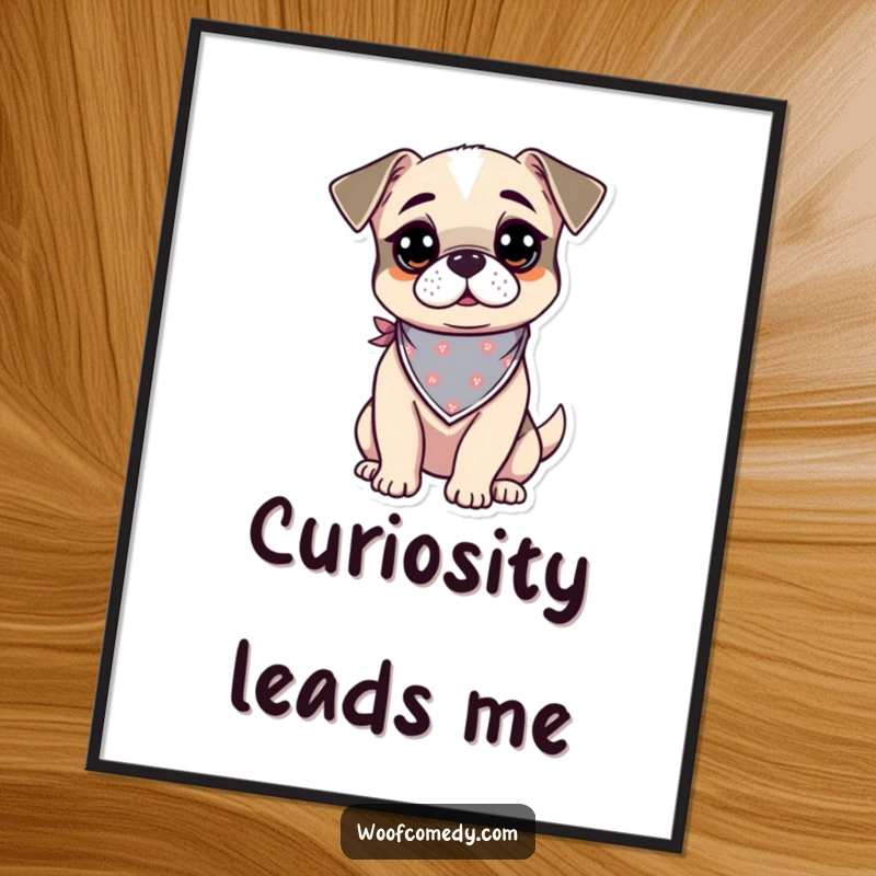 Funny kawaii dog digital art print of a curious and alert pup wearing a tiny bandana, perfect for instant humorous decor.