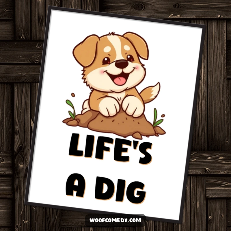 Funny kawaii dog digital art print of a determined pup joyfully digging in dirt, perfect for instant humorous decor.
