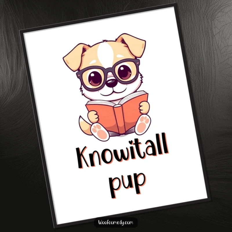 Funny digital art print of a kawaii dog wearing tiny glasses, deeply engrossed in reading a large book.
