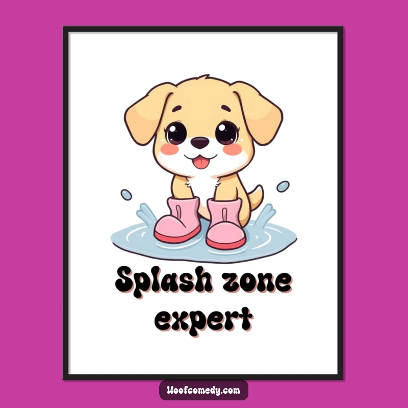 Funny Kawaii Dog Puddle Splash Digital Art Print - Cute Cartoon Decor