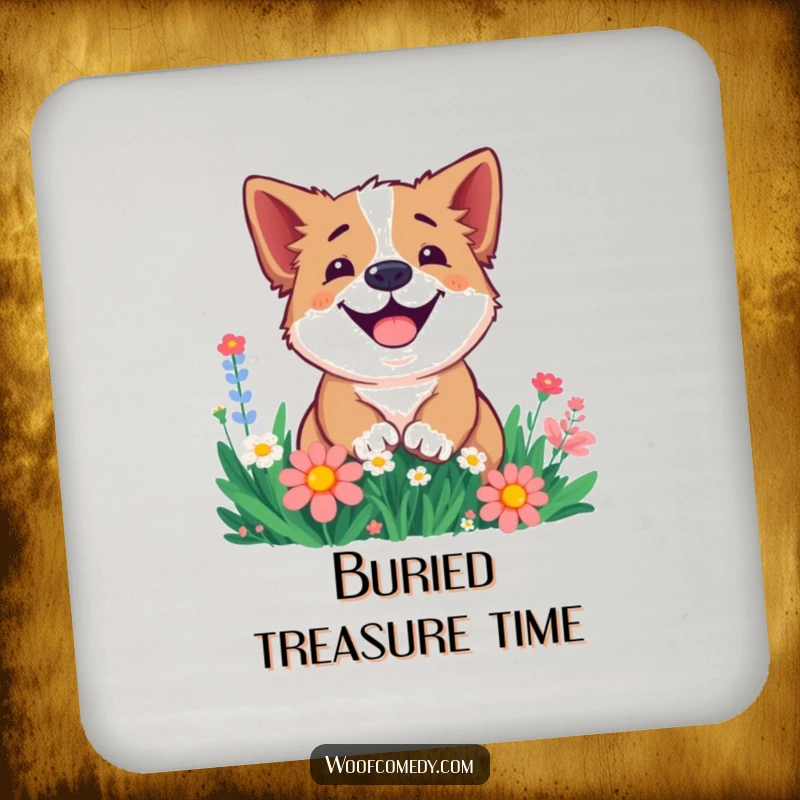 Funny drink coasters depicting a smiling dog digging playfully in flowers, protecting surfaces with garden charm.