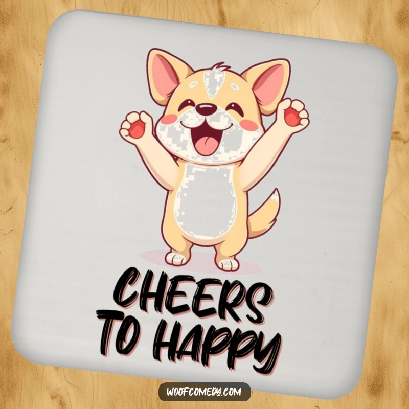 Funny drink coaster of an excited dog doing a happy dance with paws up, a cheerful funny gift.
