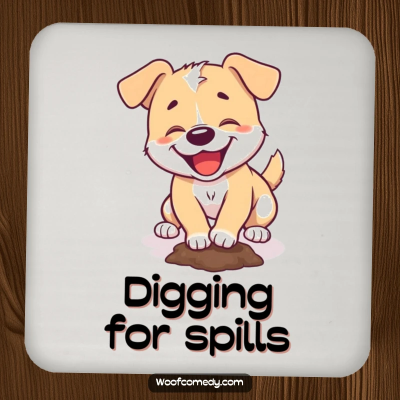 Funny coaster art of a dog happily digging a small hole, adding a touch of playful chaos.