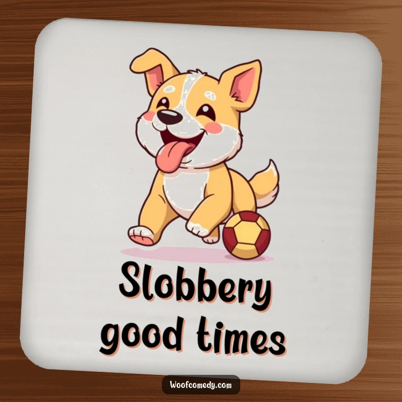 Funny drink coasters featuring a happy dog running with its tongue out, playing fetch with a ball.