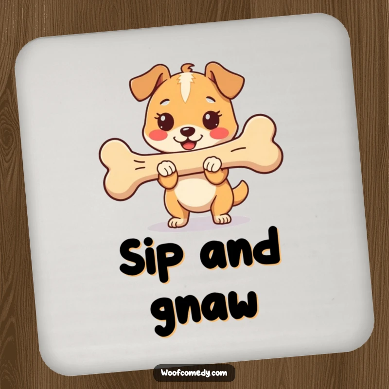 Funny Kawaii Dog Coaster with a proud and happy dog holding an oversized bone, protecting surfaces with canine joy, a cute gift.