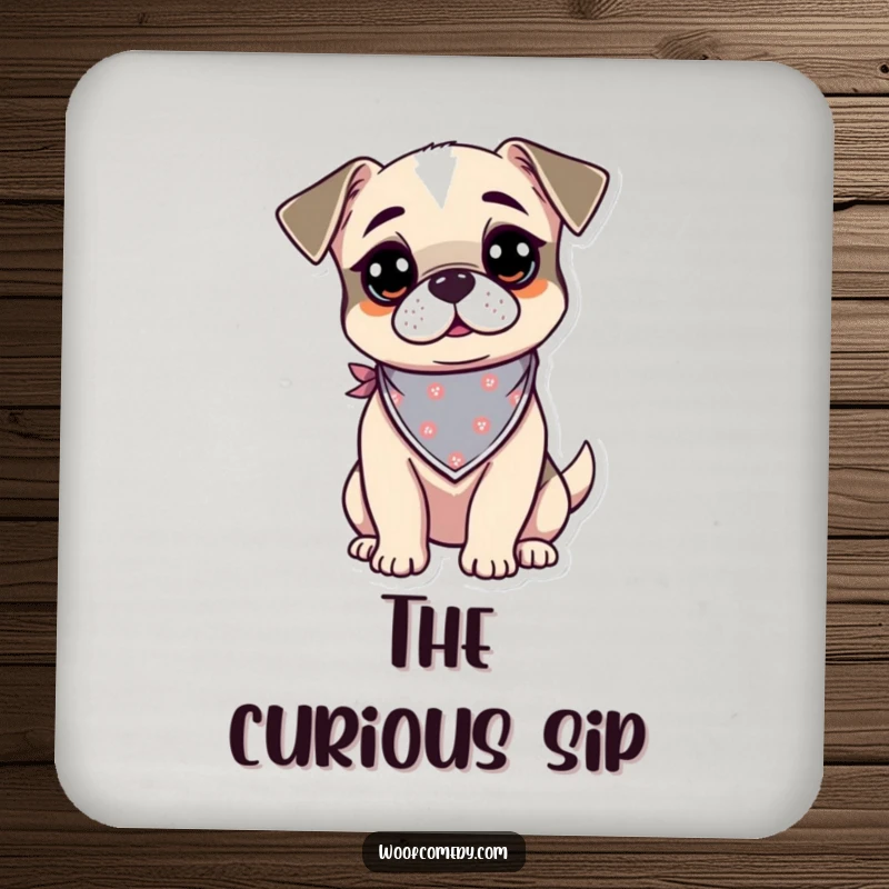 Funny kawaii dog coaster featuring a curious and alert pup wearing a tiny bandana, adding humor to drink protection.