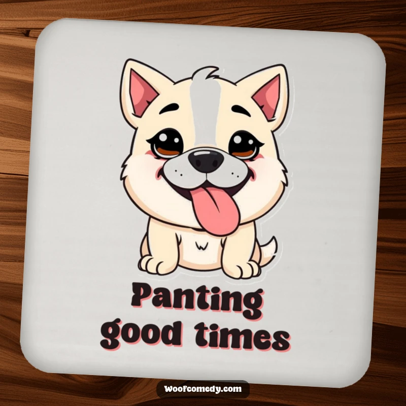 Funny Kawaii dog coaster showing a cute dog with a goofy expression, panting with its tongue out. Protecting surfaces with humorous charm.