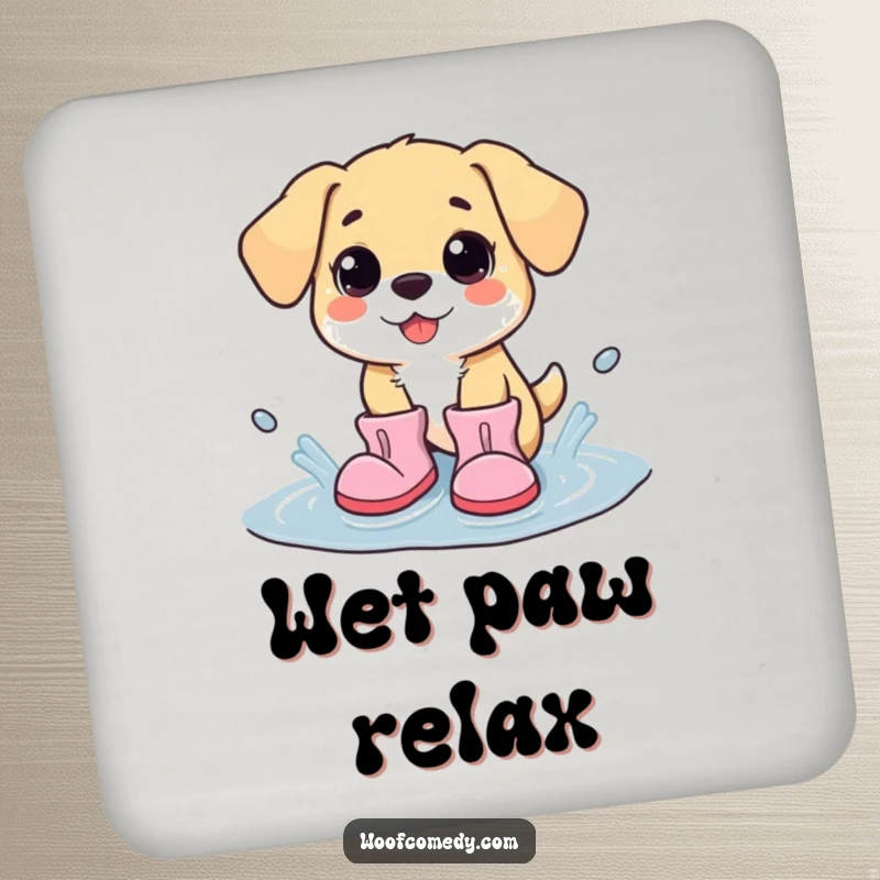 Funny kawaii dog in big boots, splashing in a puddle, decorative and protective drink coaster for any surface.
