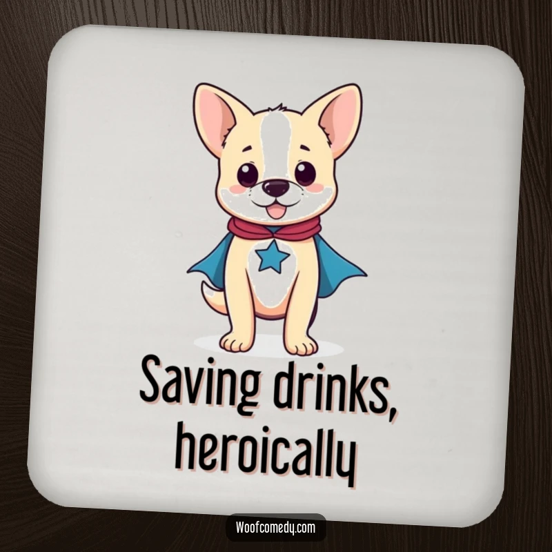 Funny coaster art of a proud dog with a small superhero cape, protecting surfaces with style.