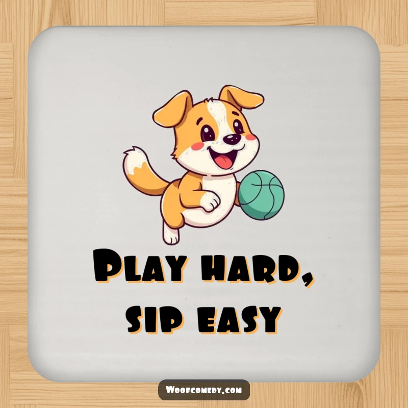 Funny happy dog coaster with a wagging tail running with a bouncy ball, protecting surfaces with humor.