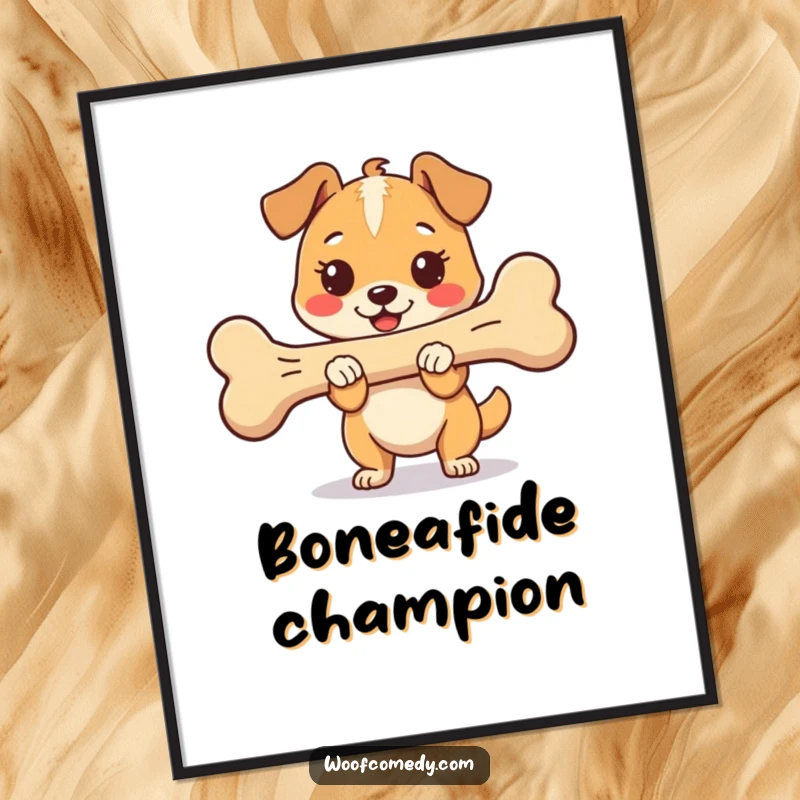 Funny Kawaii Dog Poster featuring a proud and happy dog holding an oversized bone, bringing canine joy to wall art, a great gift.