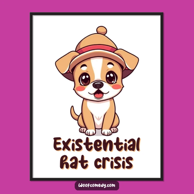 Funny Kawaii Dog Poster - Silly Hat Surprise, Whimsical Wall Art