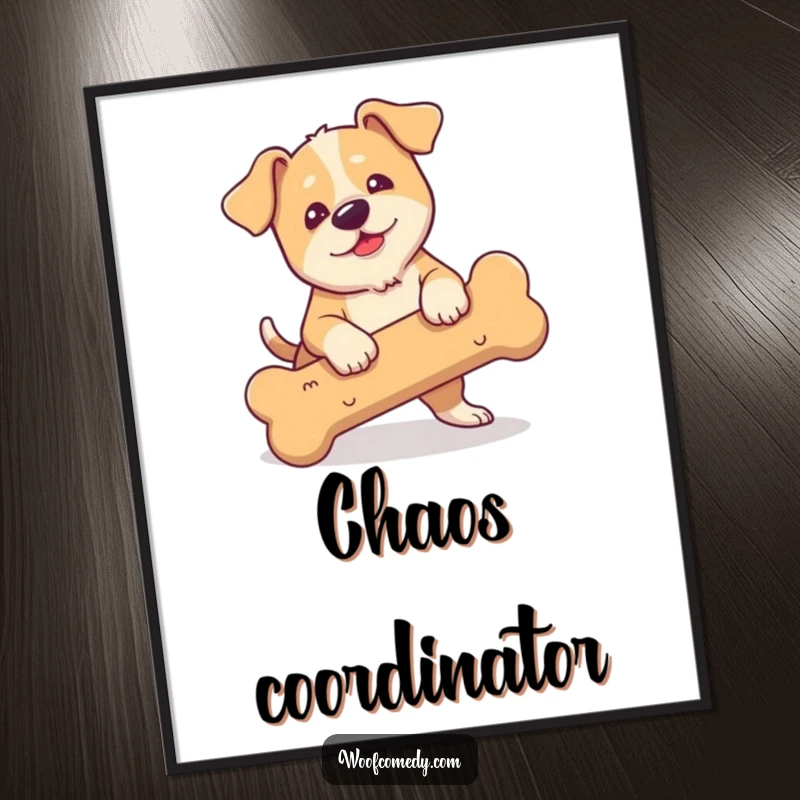 Funny poster of a clumsy dog with floppy ears comically tripping over a large bone.