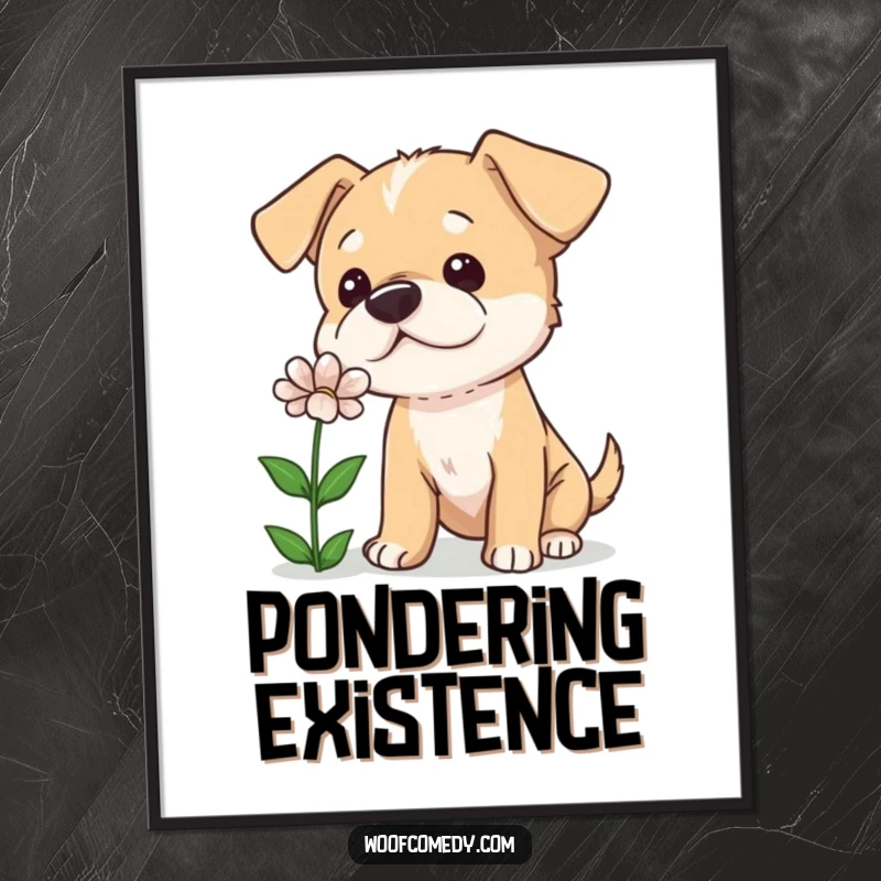 Funny poster of a curious dog tilting its head while sniffing a flower, capturing a moment of innocent investigation.