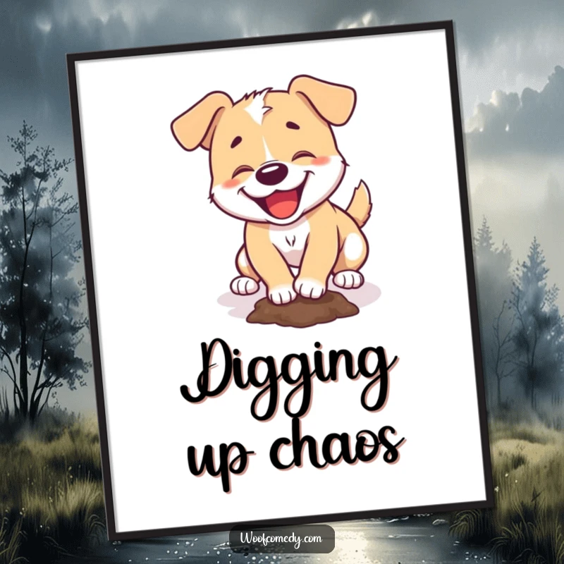 Funny poster art of a happy dog engrossed in digging a small hole with pure glee.