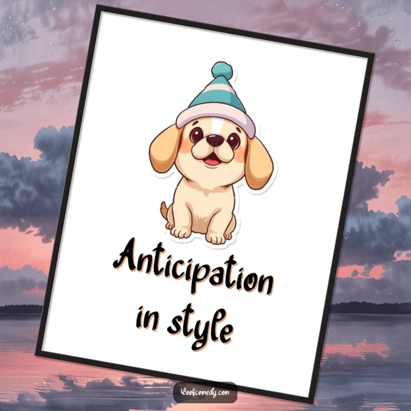 Funny dog poster featuring a dog wearing a silly hat, looking up with hopeful and sweetly expectant eyes.