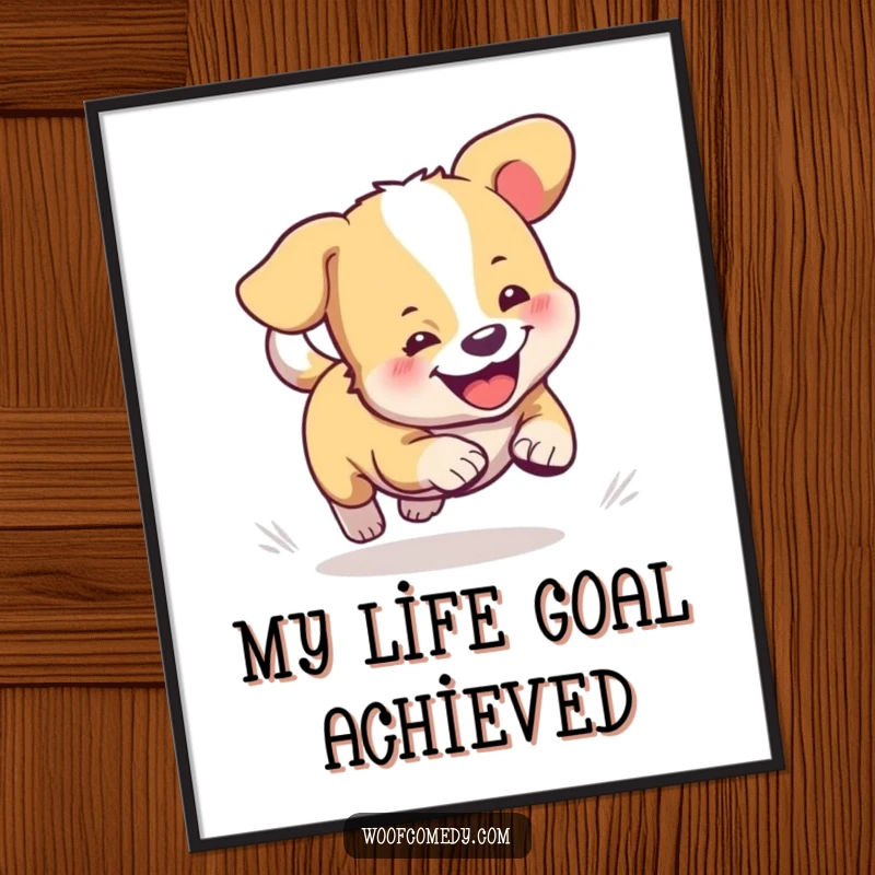 Funny dog poster displaying a delightful cartoon dog in the act of humorously chasing its own tail with glee.