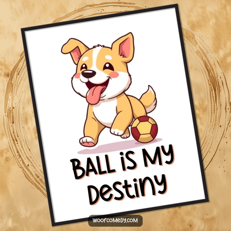 Funny dog poster featuring a happy, energetic dog running with its tongue out, joyfully pursuing a ball.