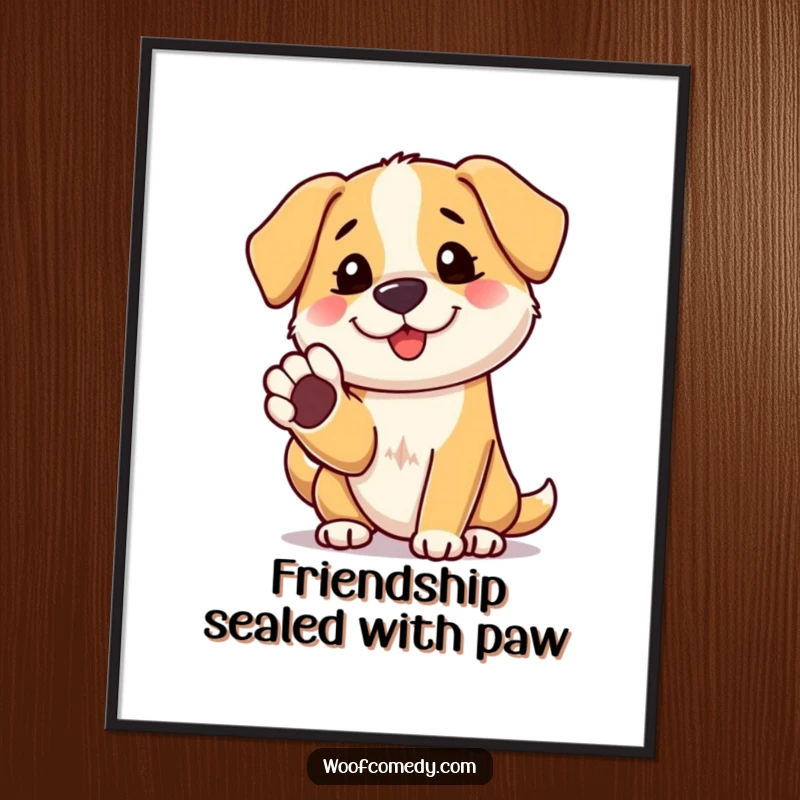 Funny dog paw shake poster, a friendly dog offering its paw, heartwarming humorous wall art gift.