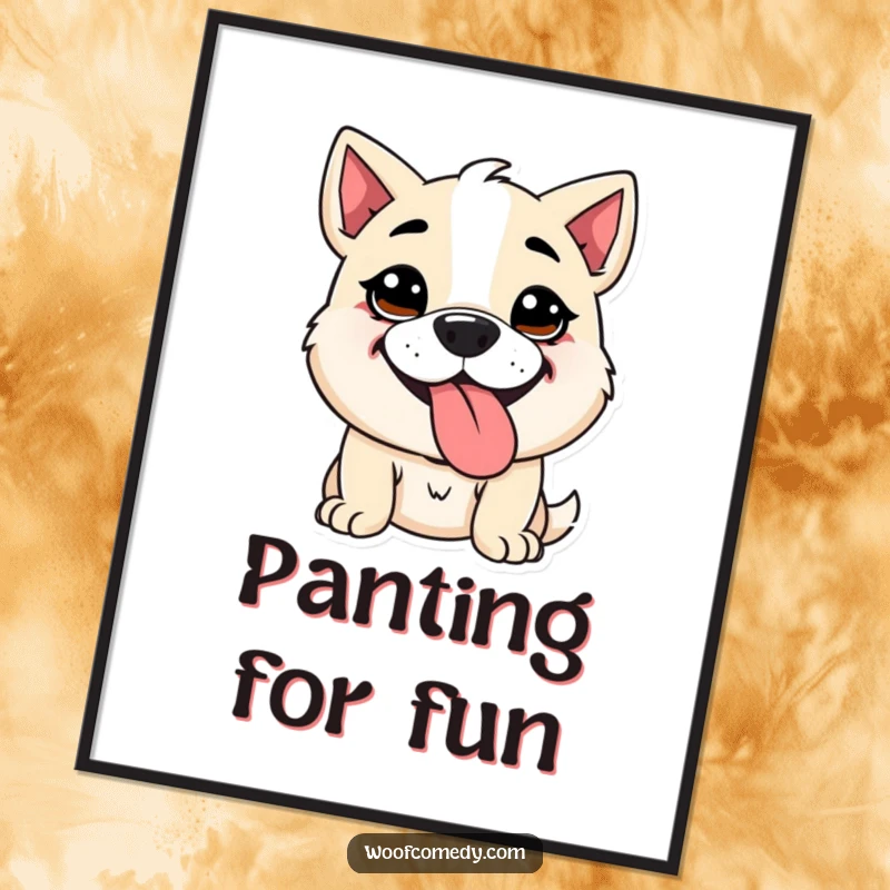 Funny Kawaii dog poster art featuring a cute dog with a goofy expression, panting with its tongue sticking out. Hilarious and characterful wall art.