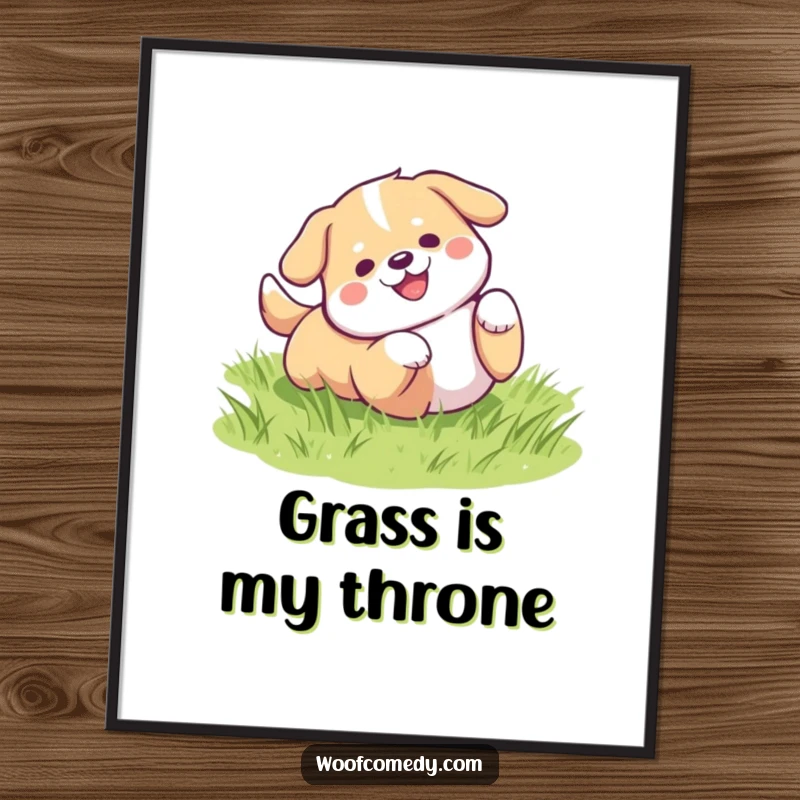 Funny kawaii dog rolling on green grass poster, adorable and humorous wall art gift.