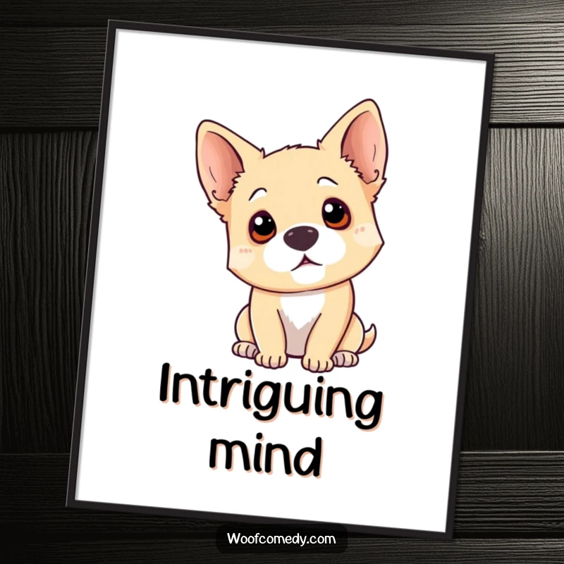 Funny dog head tilt poster depicting a dog tilting its head with ears perked, eyes questioning, conveying adorable curiosity and thoughtfulness.
