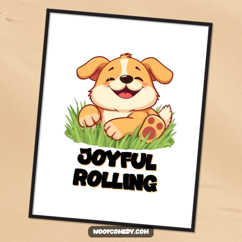 Funny poster of a happy dog with a wide, goofy grin, rolling around in soft grass.