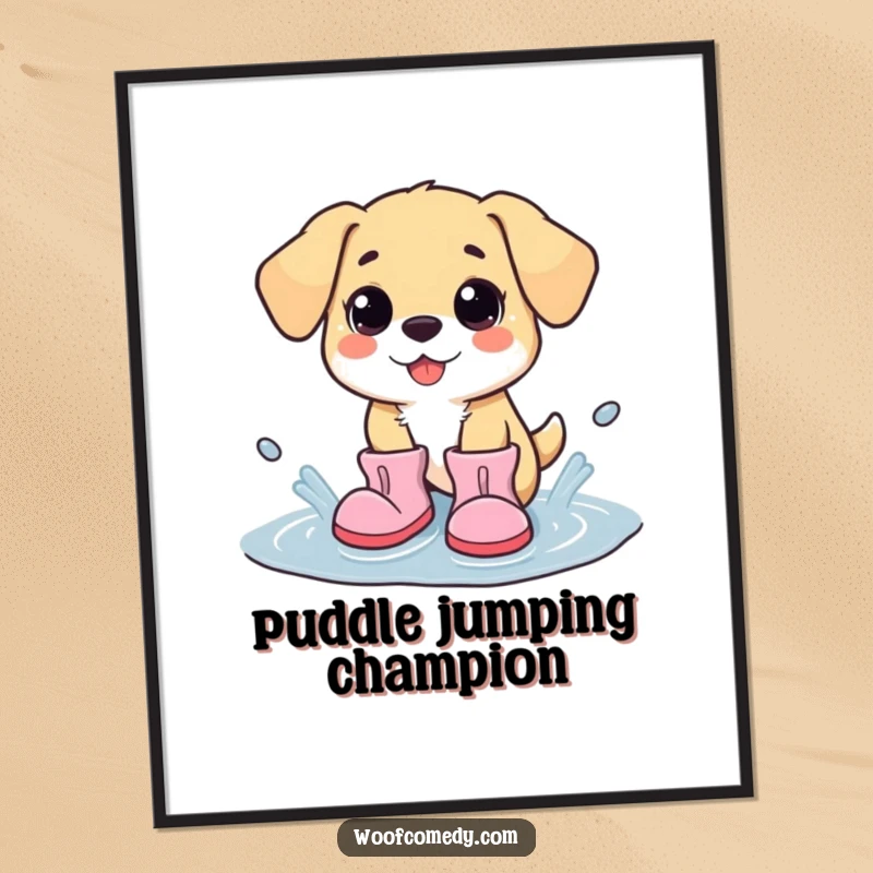 Funny kawaii dog in oversized boots, gleefully splashing in a puddle, high-quality poster art for a happy home.