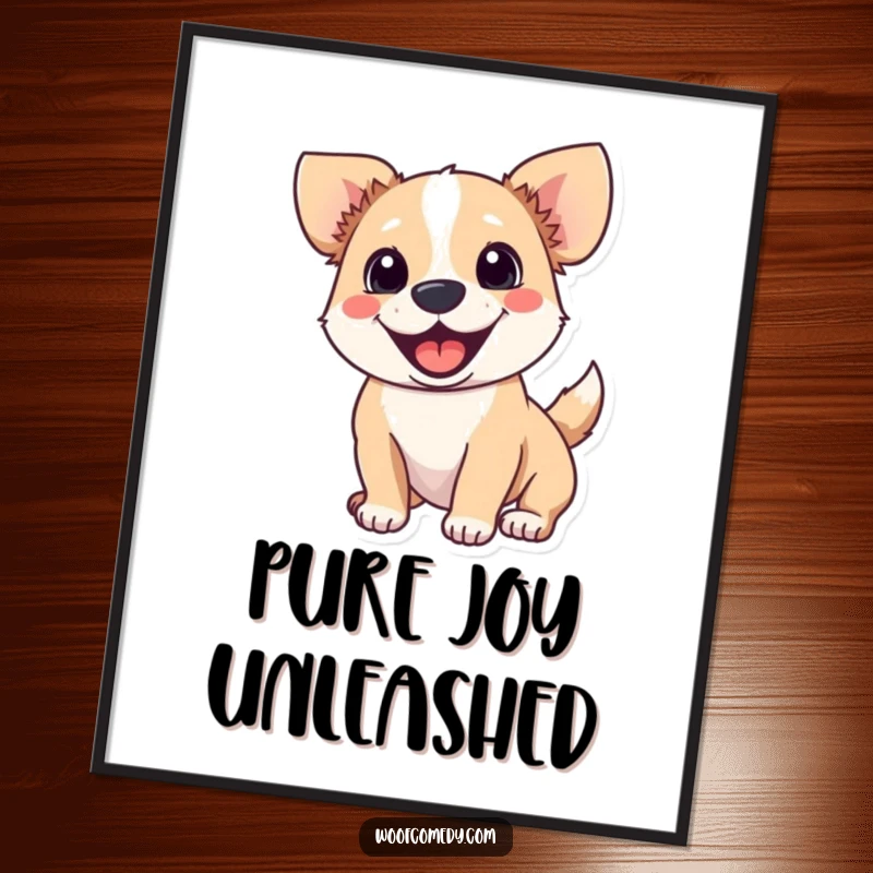 Funny poster art of a dog with its tail wagging and ears perked, conveying maximum excitement.
