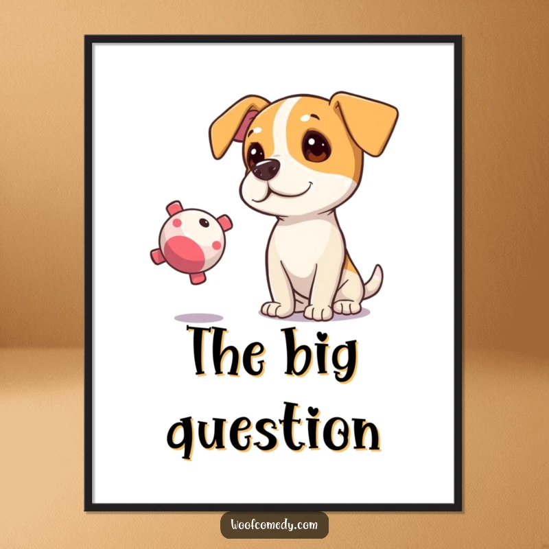 Funny poster depicting a curious dog tilting its head, eyes fixed on a floating squeaky toy.