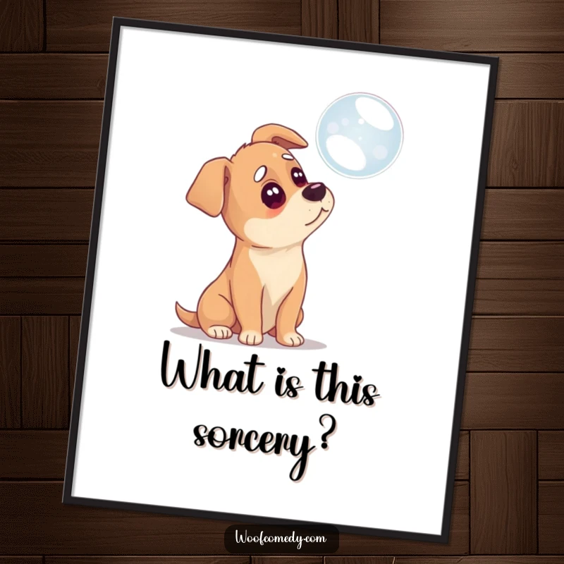 Funny poster art of a dog tilting its head in confusion while observing a floating bubble.