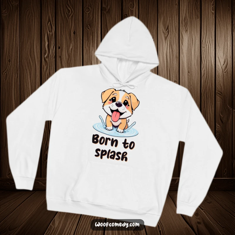 Funny panting dog splashing in a puddle, cozy hoodie, cheerful design, funny gift.