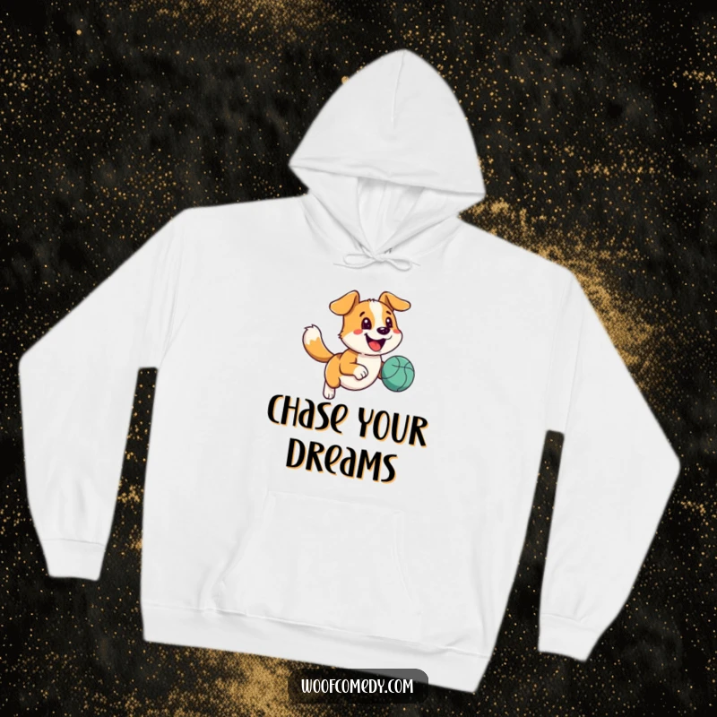 Funny happy dog hoodie with a wagging tail running with a bouncy ball, perfect for cozy active humor.
