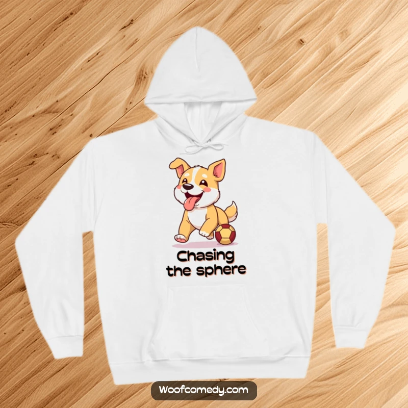 Funny hoodie depicting a happy dog running with its tongue out, ready to fetch its favorite ball.