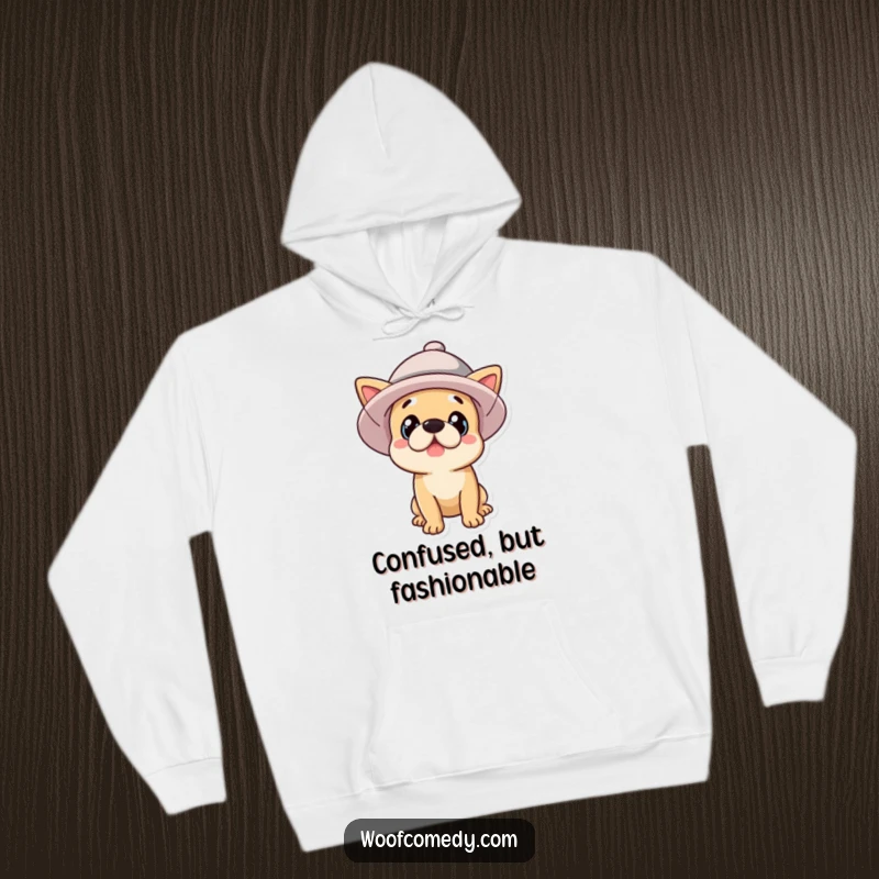 Funny surprised dog in a comically large hat, cozy hoodie design, perfect funny gift for warmth and laughs.