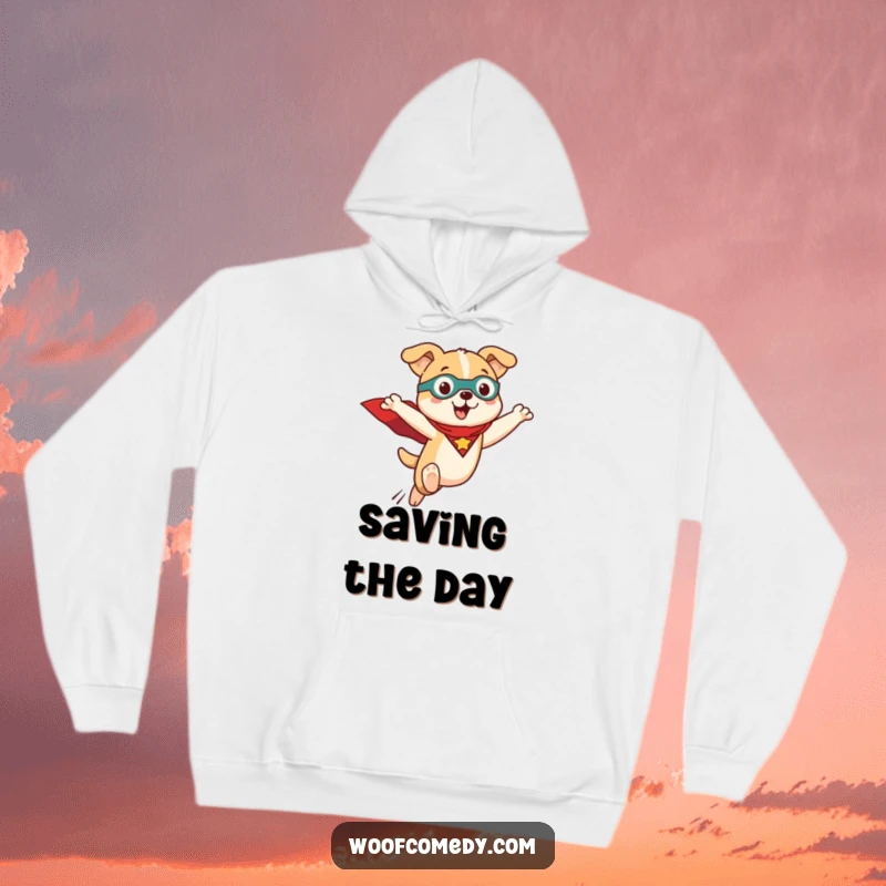 Funny Kawaii dog hoodie featuring a cute dog in a superhero cape, leaping dynamically. Soft fleece for ultimate comfort.