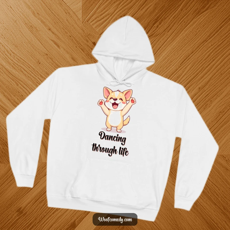 Funny hoodie depicting an excited dog doing a happy dance with paws up, a cozy funny gift.