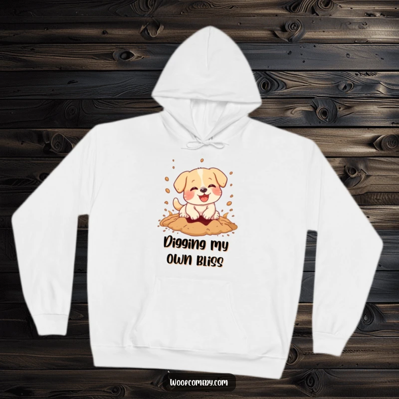 Funny hoodie with a kawaii dog joyfully digging, dirt exploding outwards, illustrating pure, unadulterated canine fun.